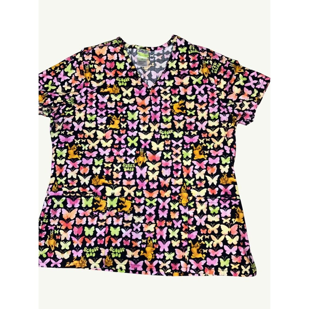 Scooby-Doo Nurse Scrub Top L/G 100% Cotton Multicolor Butterfly and Dog Print - Picture 3 of 11